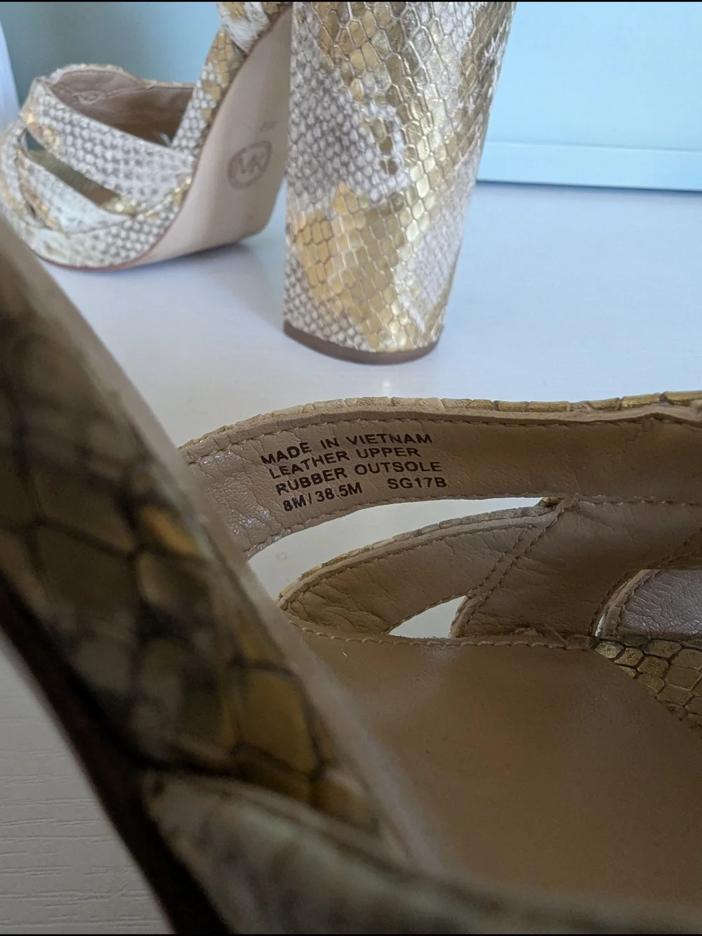 Michael Kors Gold Snakeskin Block Heel Sandals with Ankle Strap